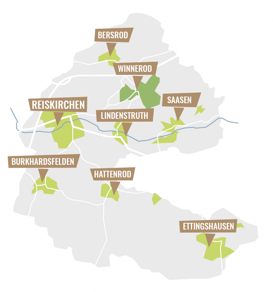 Karte: Gemeinde Reiskirchen mit 8 Ortsteilen