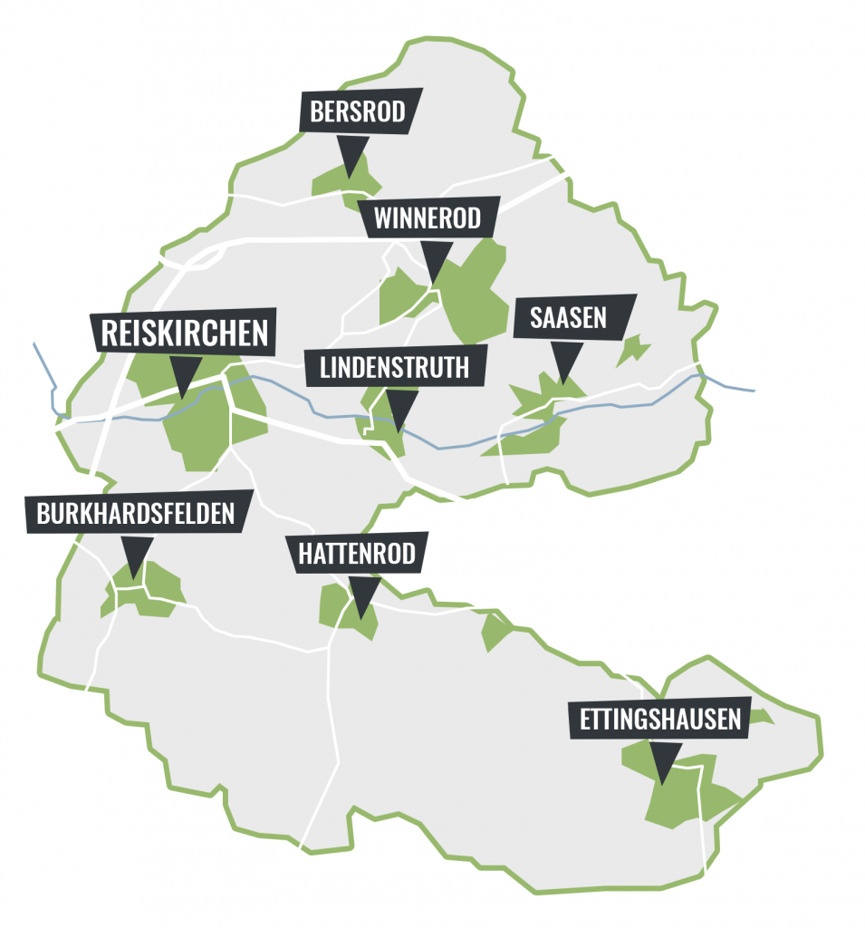 Übersichtskarte der Gemeinde Reiskirchen mit 8 Ortsteilen.
