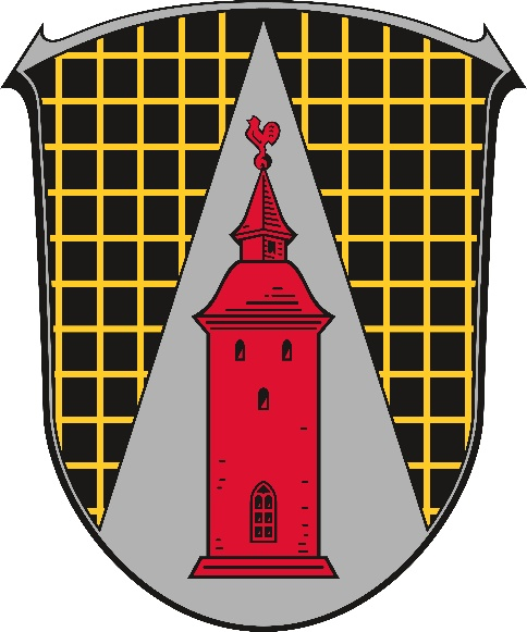 Das Wappen der Gemeinde Reiskirchen zeigt einen roten Kirchturm im Fokus.